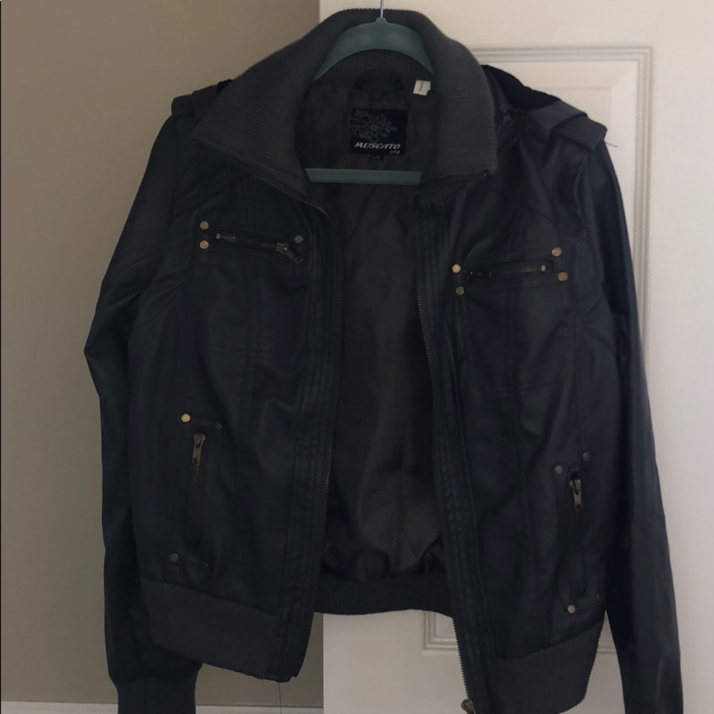 Gray leather jacket with hood (S)